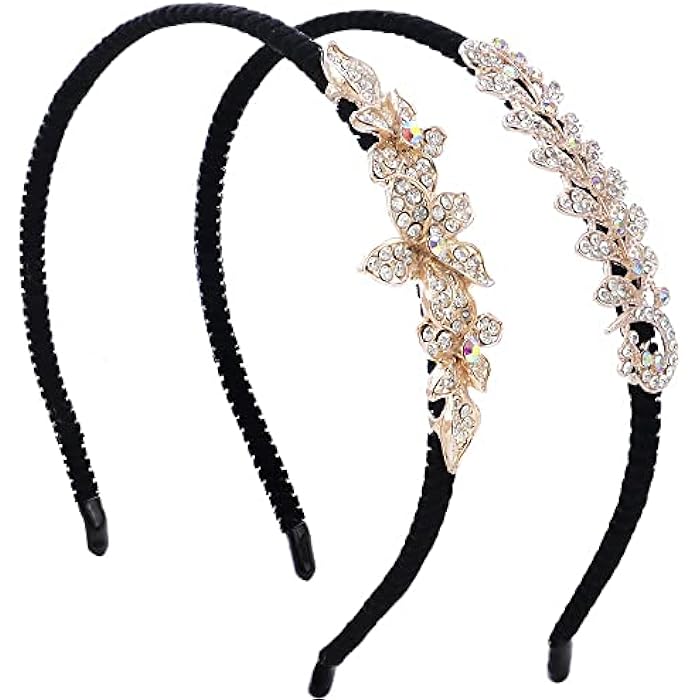 Azonee 2 Pack Women Hairbands Crystal Rhinestone Headbands Fashion Non-Slip Hairpiece Elastic Hair Hoop Hair Jewelry Accessories Jeweled Headwear Embellished Hair Wrap Flower Hair Decoration - Image 1